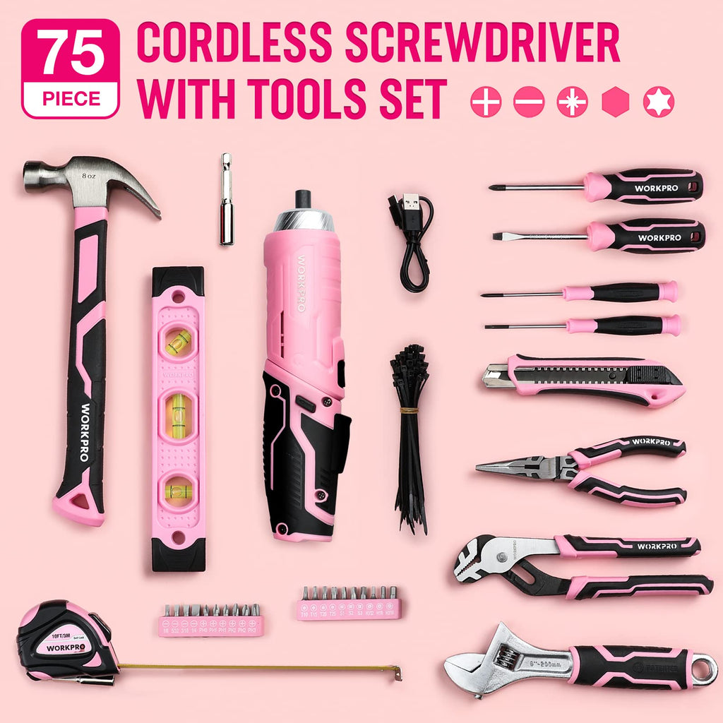 75-Piece Pink Tools Set, 3.7V Rotatable Cordless Screwdriver and Household Tool Kit, Basic Tool Set with 13'' Portable Steel Tool Box for Home, Garage, Apartment, Dorm, House - Pink Ribbon