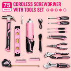 75-Piece Pink Tools Set, 3.7V Rotatable Cordless Screwdriver and Household Tool Kit, Basic Tool Set with 13'' Portable Steel Tool Box for Home, Garage, Apartment, Dorm, House - Pink Ribbon