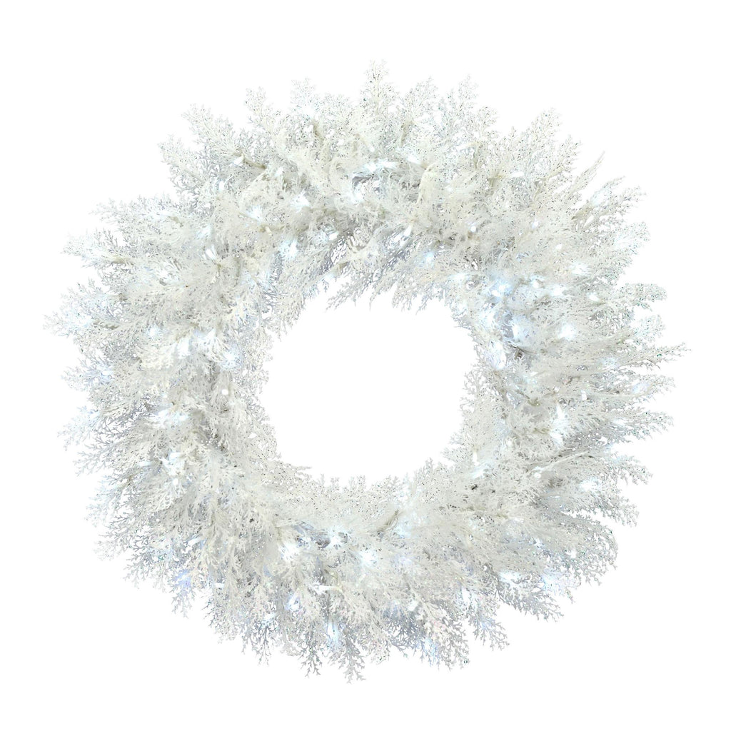 Vickerman 36" Flocked Cedar Pine Artificial Christmas Wreath, Low Voltage LED Pure White 3mm Wide Angle Twinkle Lights.