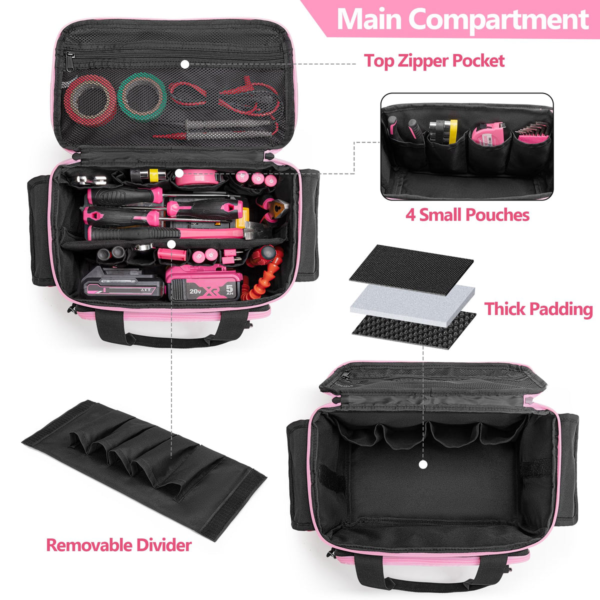 Pink Tool Bag for Women, Tool StoraOrganizer with Anti-friction and Thick Padded Bottom, Tactical RanBag, Multi-functional Work Bag for Repairman, Electrician, Carpenters, Pink
