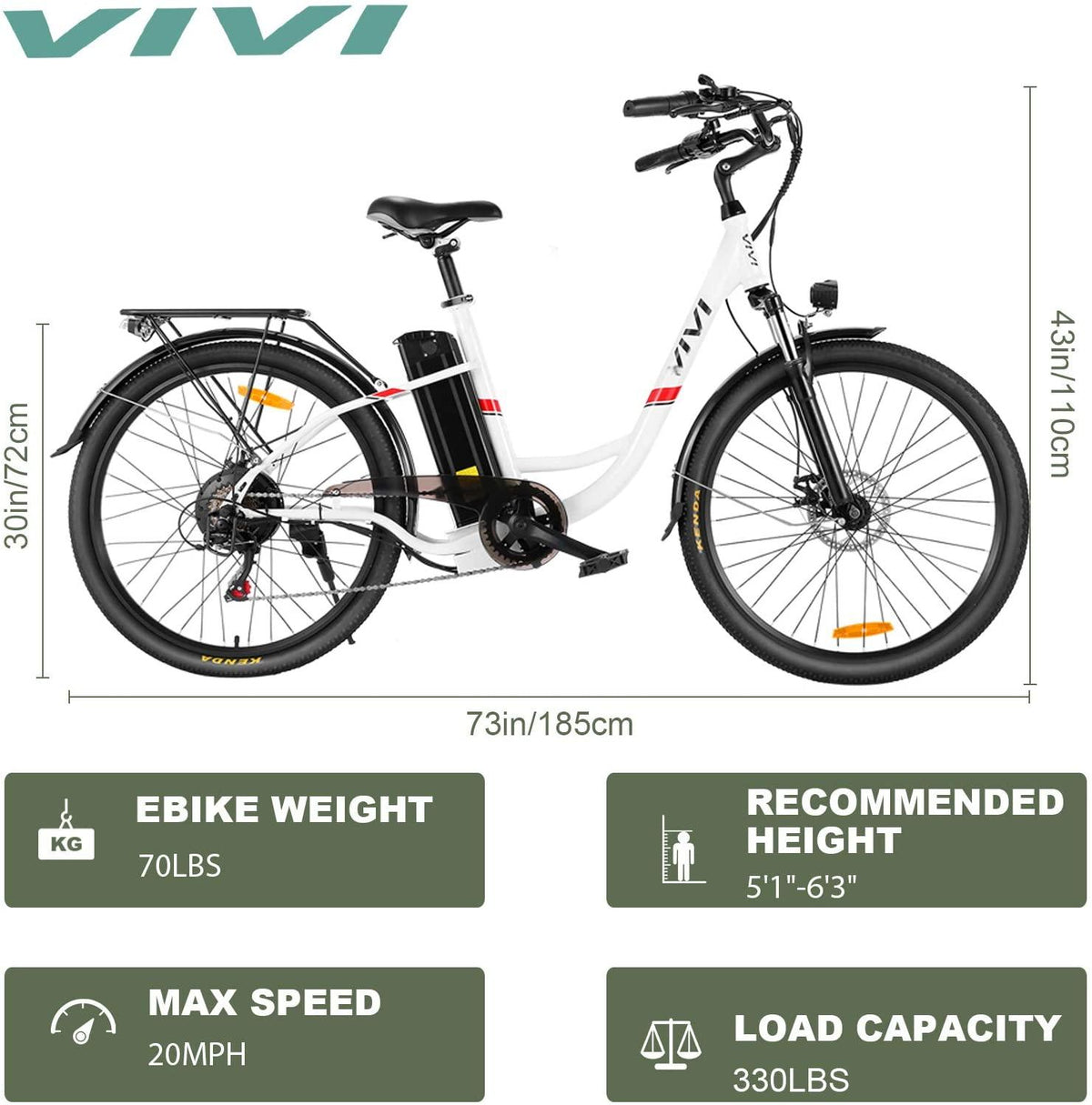 VIVI Electric Bike 350W Adult Electric Bicycle 26" Electric Cruiser Bike/Electric City Bike with Removable 8Ah Lithium-Ion Battery,  7 Speed