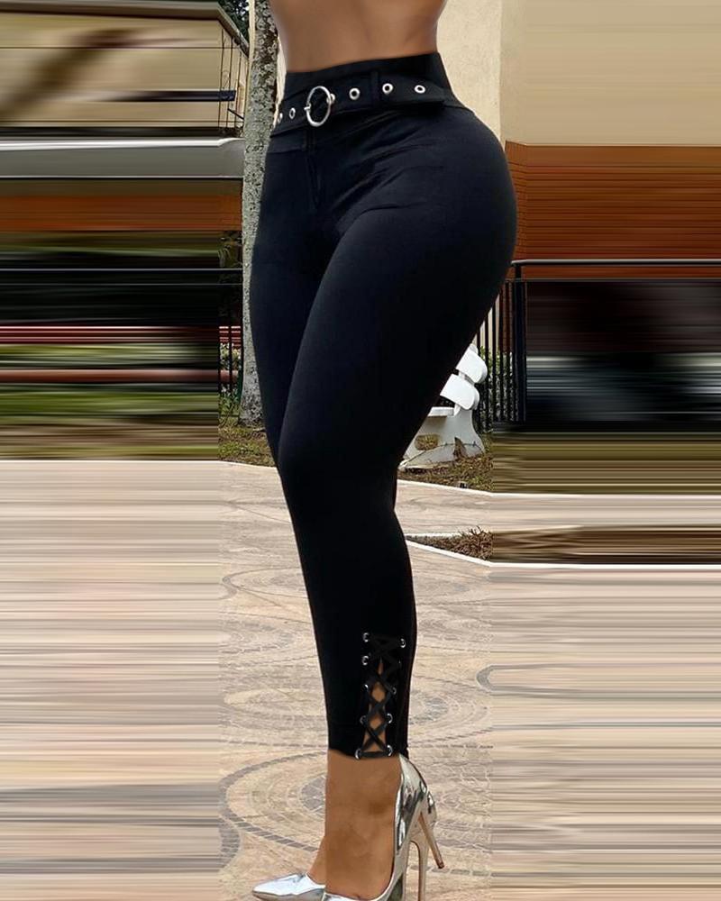 eyelet lace up o ring high waist pants