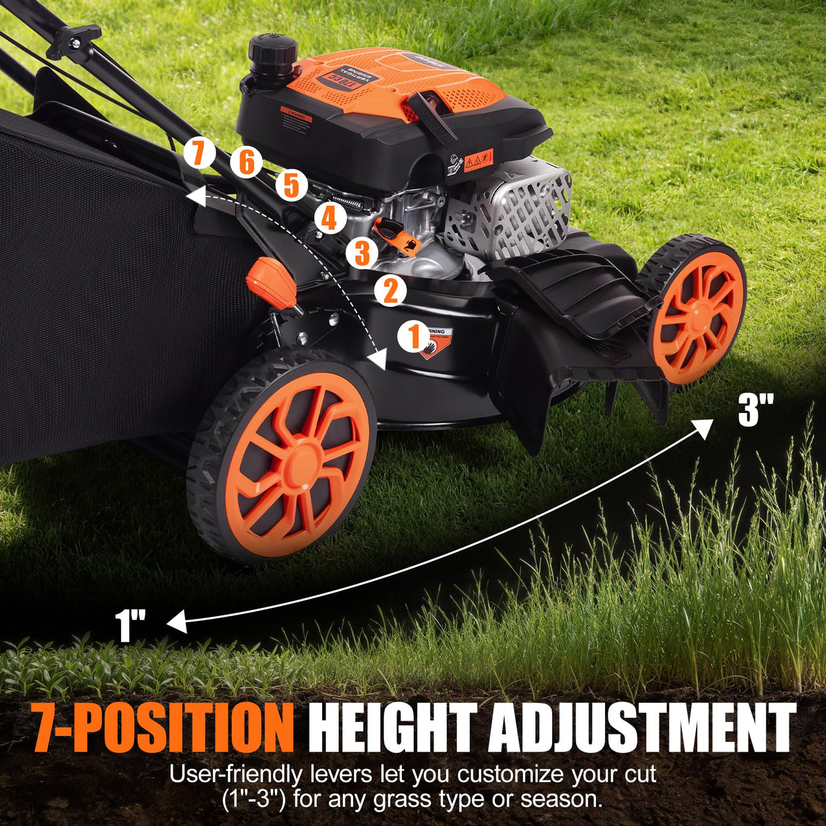 21" Self-Propelled Gas Lawn Mower with 170CC 4-Stroke Engine, 7 Cutting Heights, 3-in-1 Mulch/Bag/Discharge, 1.9-Bushel Grass Bag, EPA Compliant