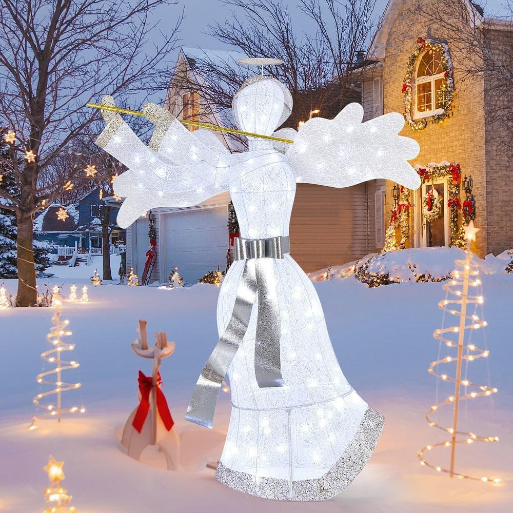 59 in. White Pre-Lit Angel Christmas Decoration Artificial Christmas Decor with 100 LED Lights