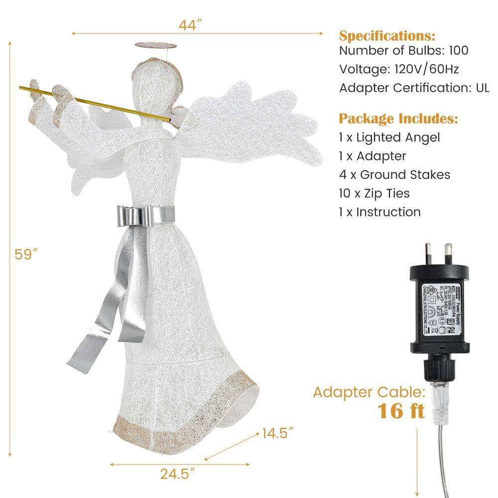59 in. White Pre-Lit Angel Christmas Decoration Artificial Christmas Decor with 100 LED Lights