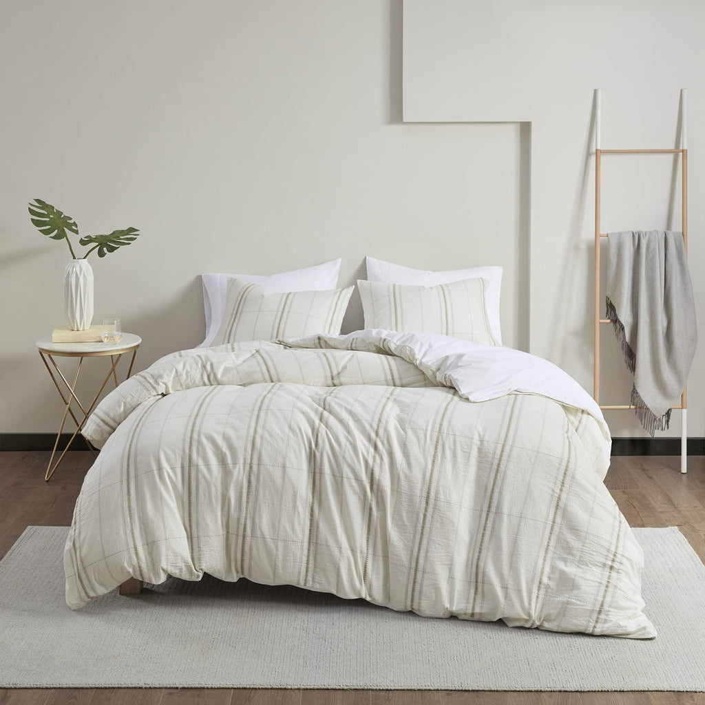 Gracie Mills Clean Spaces Hollis Oversized Organic Cotton Duvet, Yarn Dyed Farmhouse Comforter Cover Bedding Set, Matching Shams, King/Cal King(106"x94"), Taupe/Ivory 3 Piece - LCN12-0112