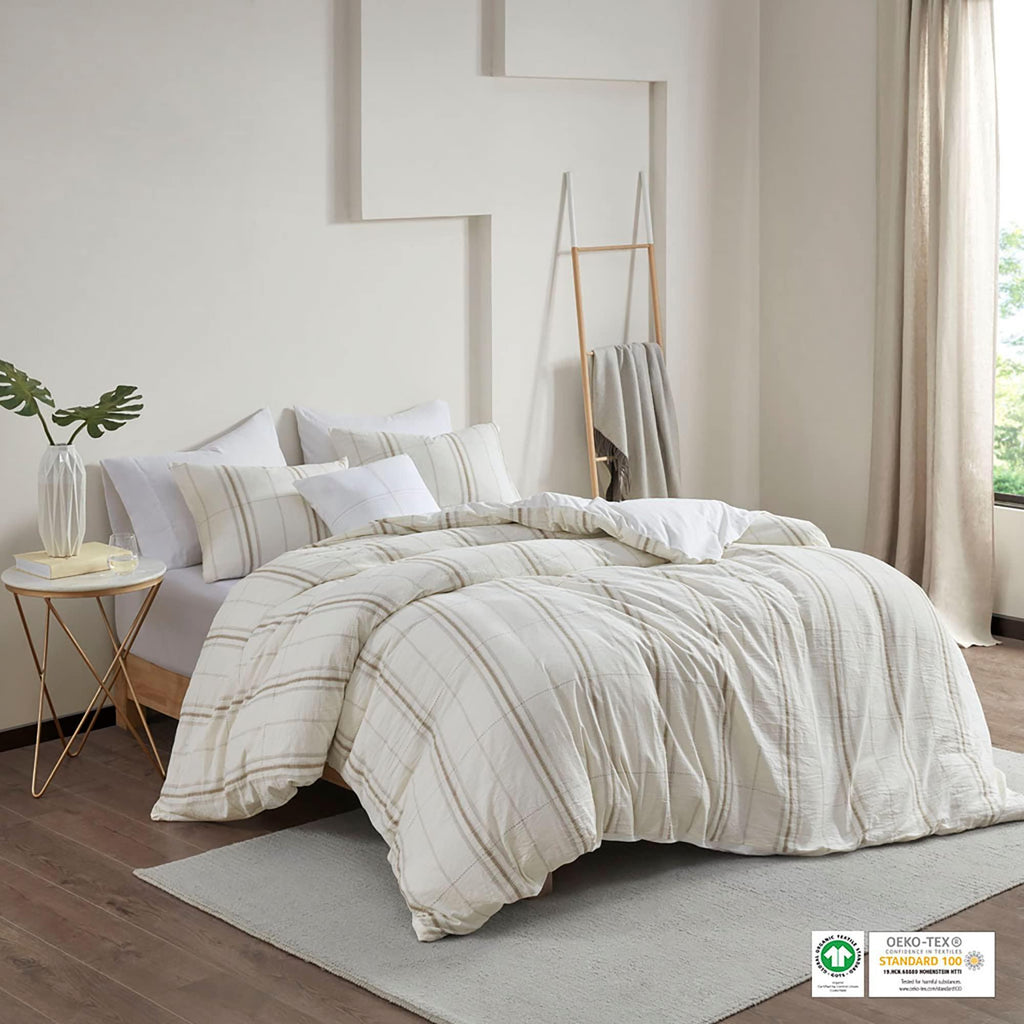 Gracie Mills Clean Spaces Hollis Oversized Organic Cotton Duvet, Yarn Dyed Farmhouse Comforter Cover Bedding Set, Matching Shams, King/Cal King(106"x94"), Taupe/Ivory 3 Piece - LCN12-0112