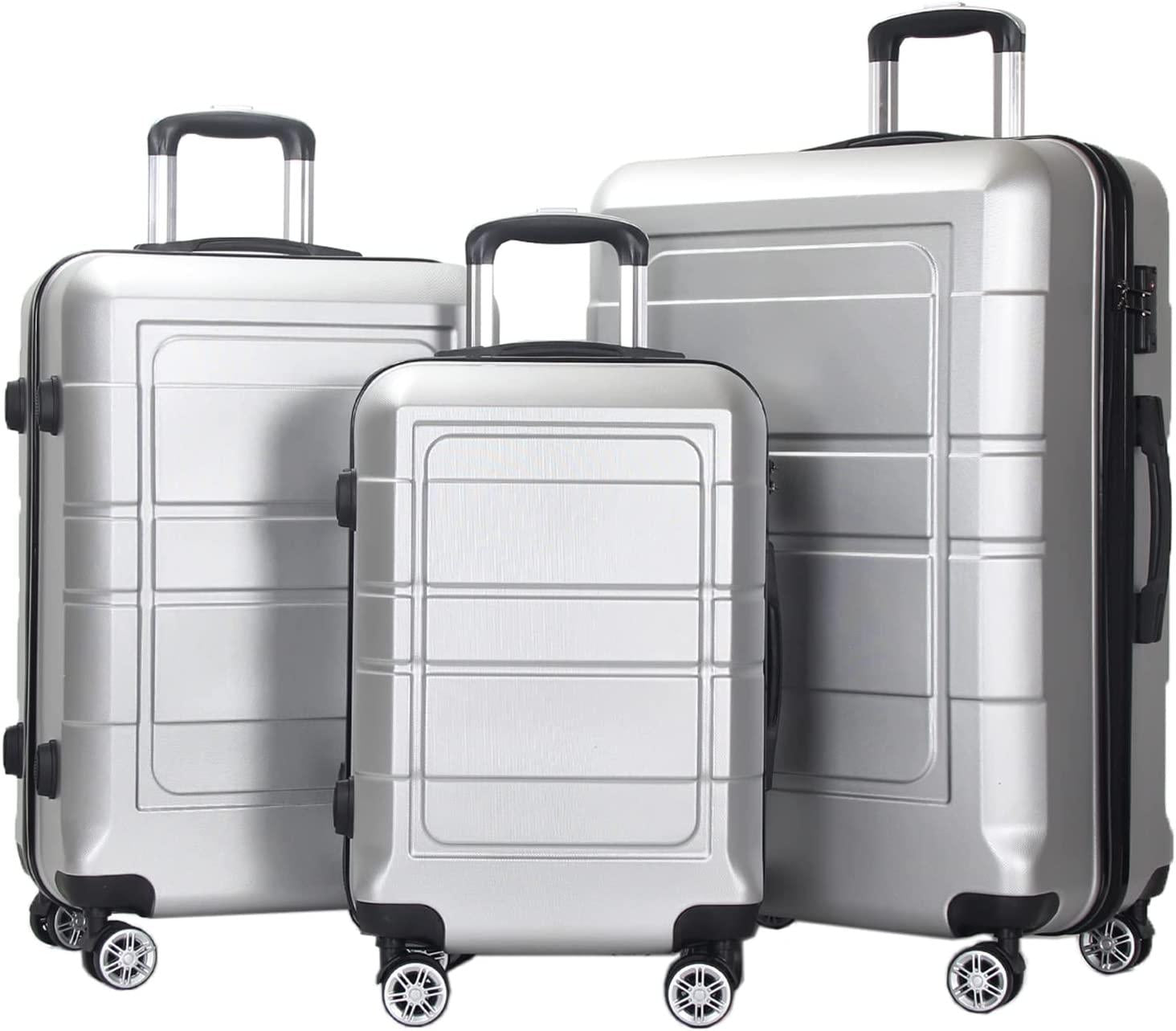 Luggage 3 Piece Set Carry on Suitcase PC+ABS Spinner Built-in TSA Lock, Silver, (20/24/28)