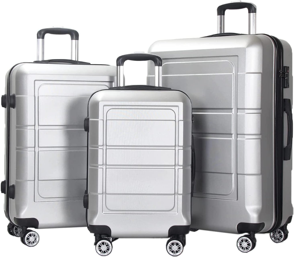 Luggage 3 Piece Set Carry on Suitcase PC+ABS Spinner Built-in TSA Lock, Silver, (20/24/28)