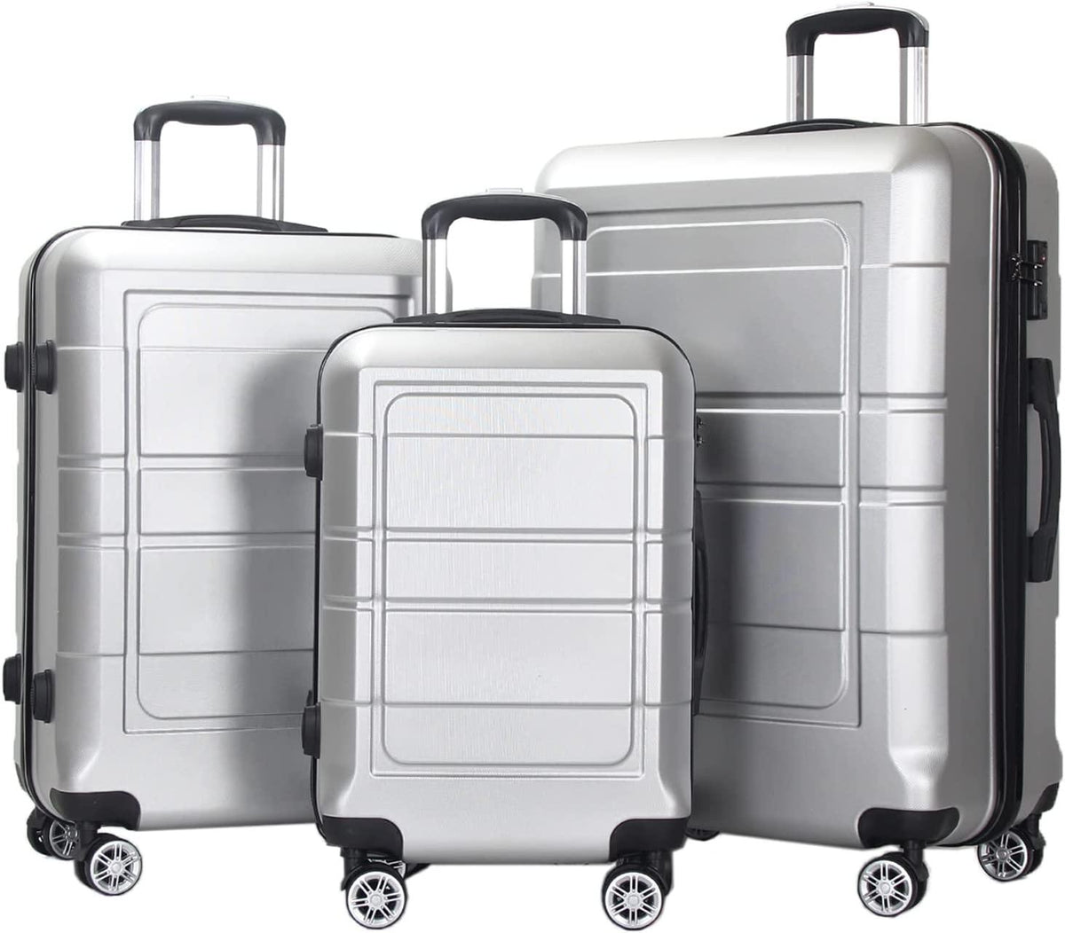 Luggage 3 Piece Set Carry on Suitcase PC+ABS Spinner Built-in TSA Lock, Silver, (20/24/28)