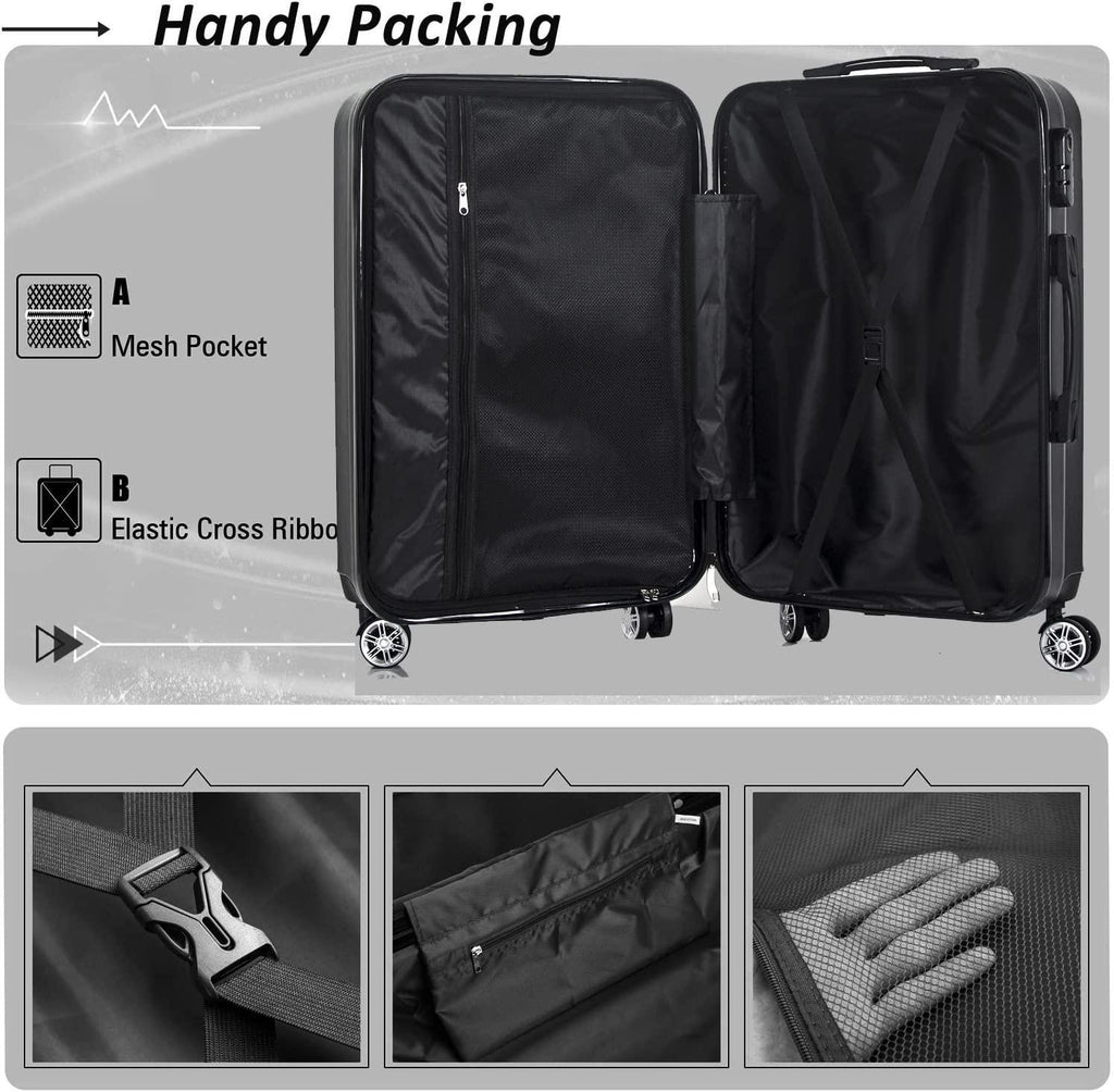 Luggage 3 Piece Set Carry on Suitcase PC+ABS Spinner Built-in TSA Lock, Silver, (20/24/28)