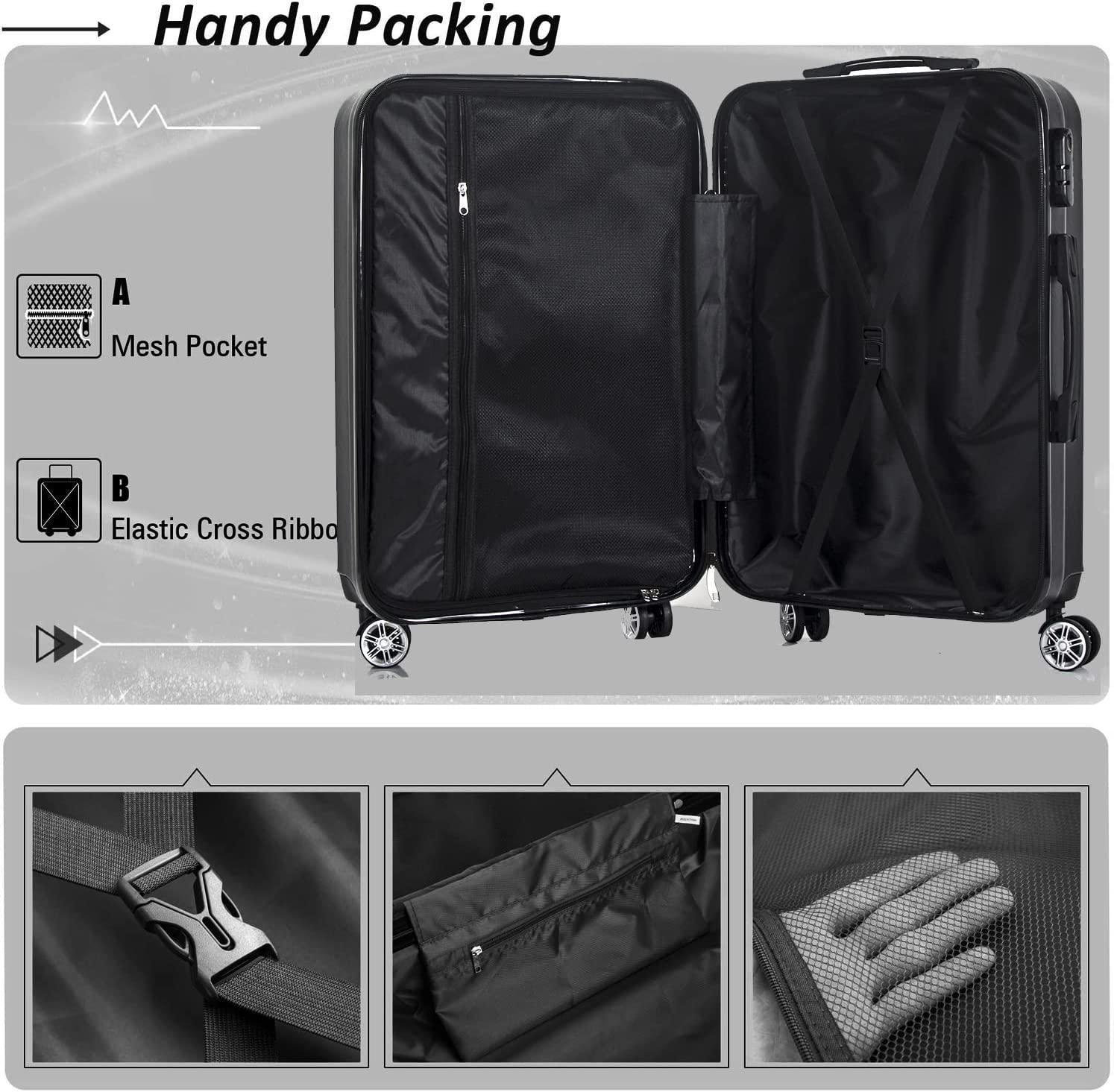 Luggage 3 Piece Set Carry on Suitcase PC+ABS Spinner Built-in TSA Lock, Silver, (20/24/28)