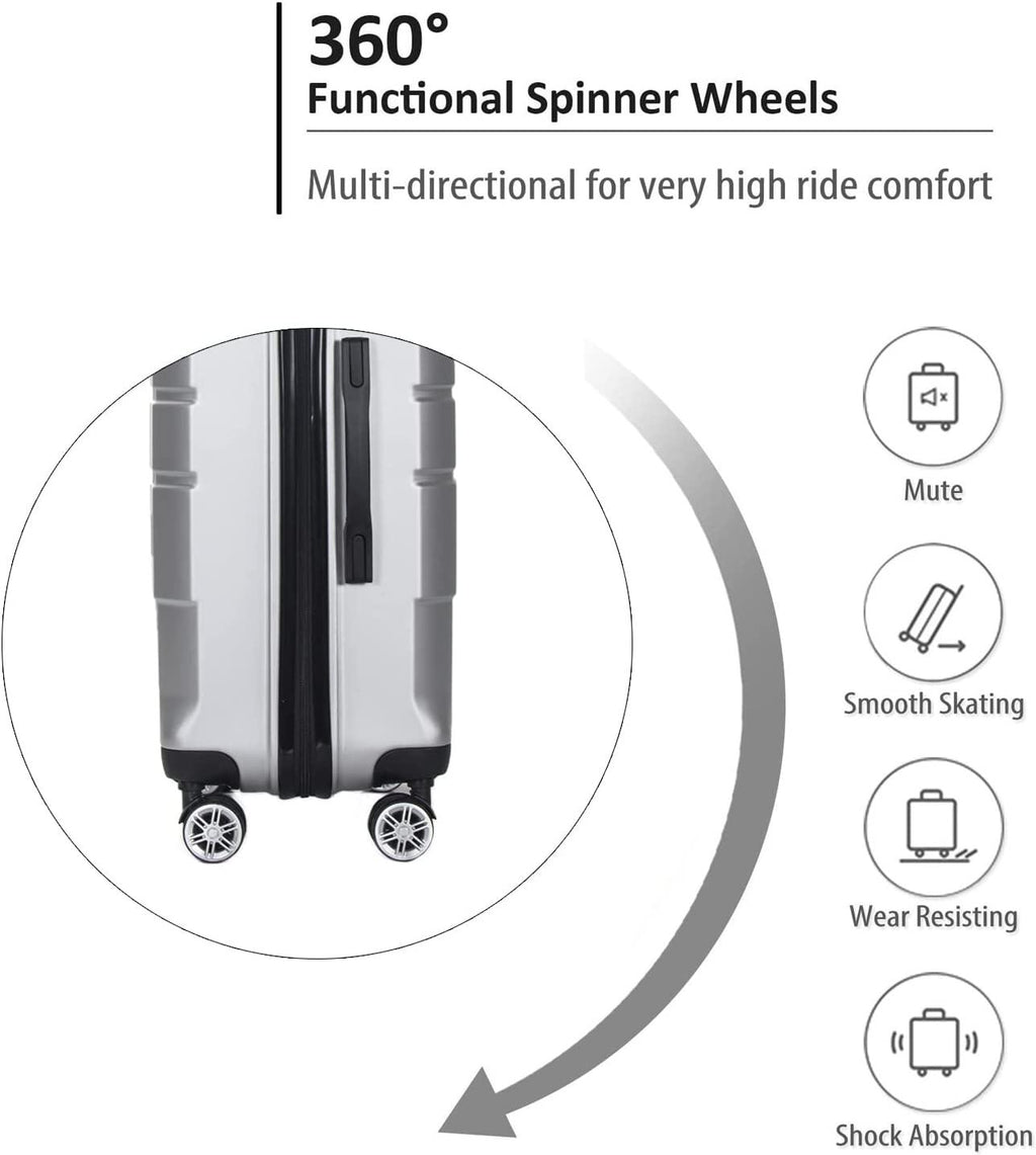 Luggage 3 Piece Set Carry on Suitcase PC+ABS Spinner Built-in TSA Lock, Silver, (20/24/28)