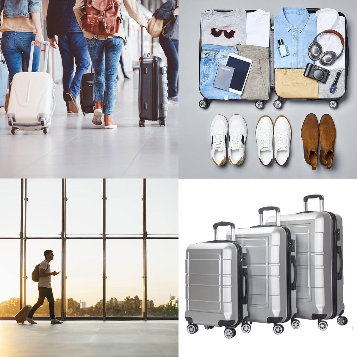Luggage 3 Piece Set Carry on Suitcase PC+ABS Spinner Built-in TSA Lock, Silver, (20/24/28)