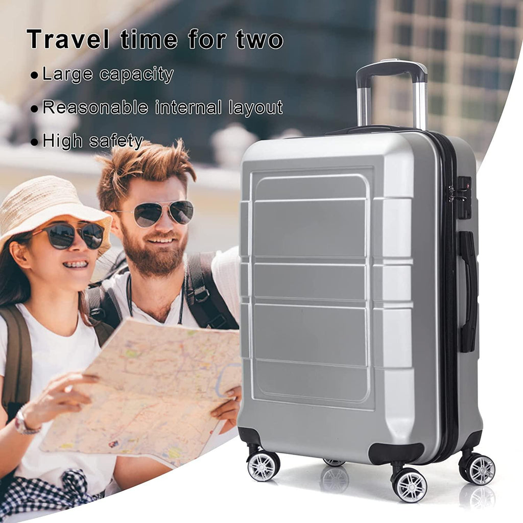 Luggage 3 Piece Set Carry on Suitcase PC+ABS Spinner Built-in TSA Lock, Silver, (20/24/28)
