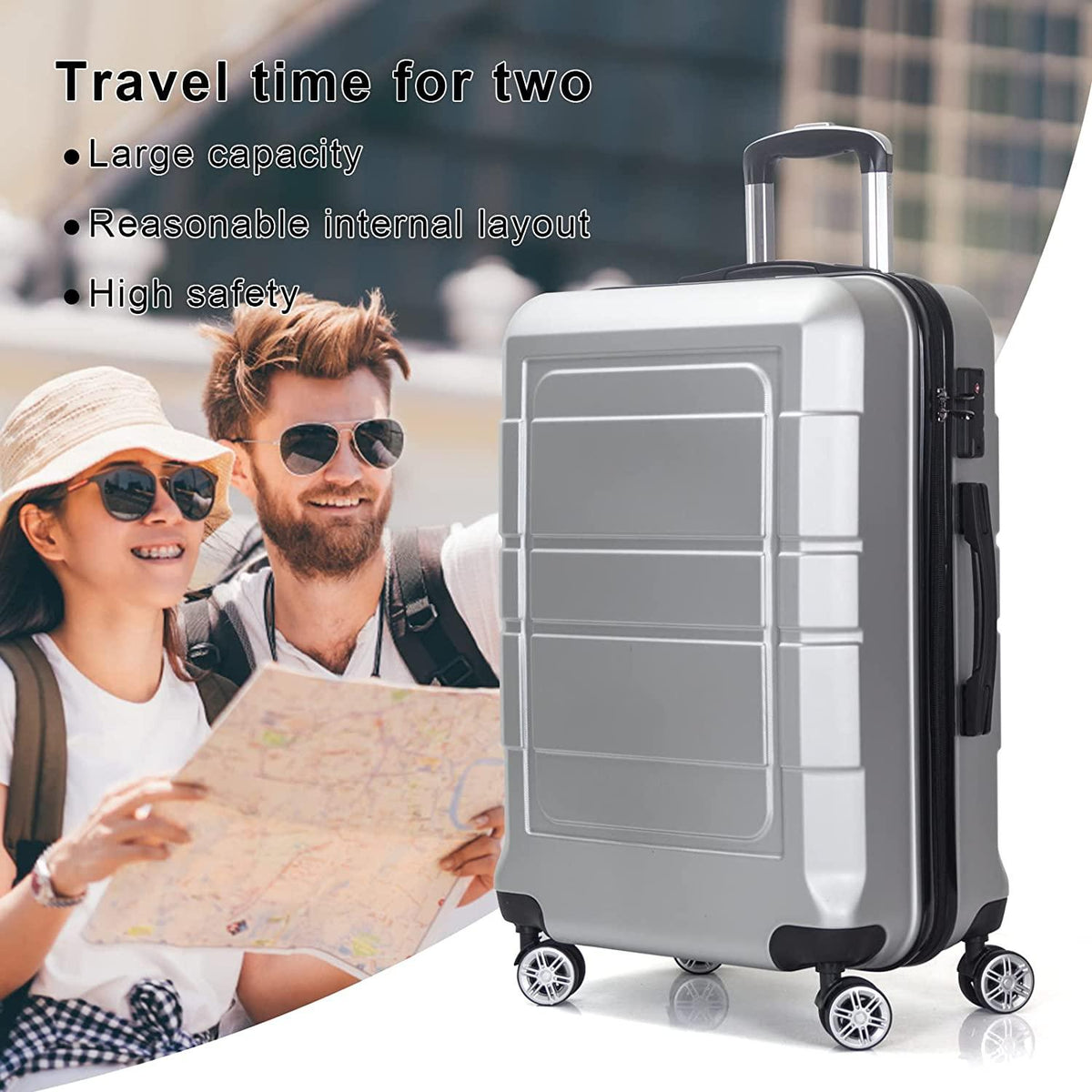 Luggage 3 Piece Set Carry on Suitcase PC+ABS Spinner Built-in TSA Lock, Silver, (20/24/28)