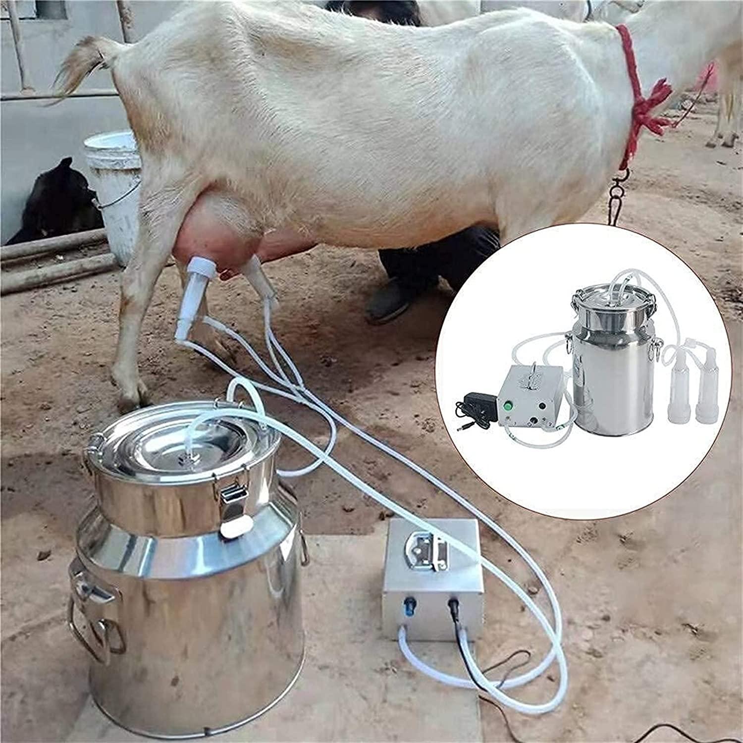 lqqsd milking machine for goats cows, pulsation vacuum pump milker, 14l durable electric cow milking machine vacuum pump stainless steel milker double head milking supplies w/stainless steel bucket