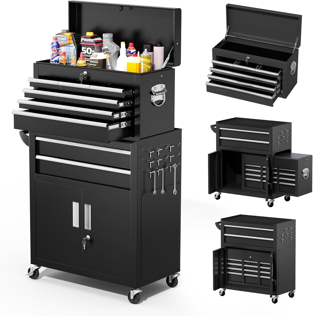 Tool Chest, 8-Drawer Rolling Tool Cart with Hooks, Tray Divider, Liners, 2 in 1 Detachable Tool Cabinet, Metal Tool StoraCart, Tool Box for GaraWorkshop(Black)