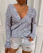 long sleeve ribbed surplice casual sweater