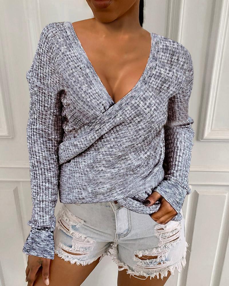 long sleeve ribbed surplice casual sweater