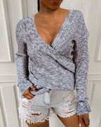 long sleeve ribbed surplice casual sweater