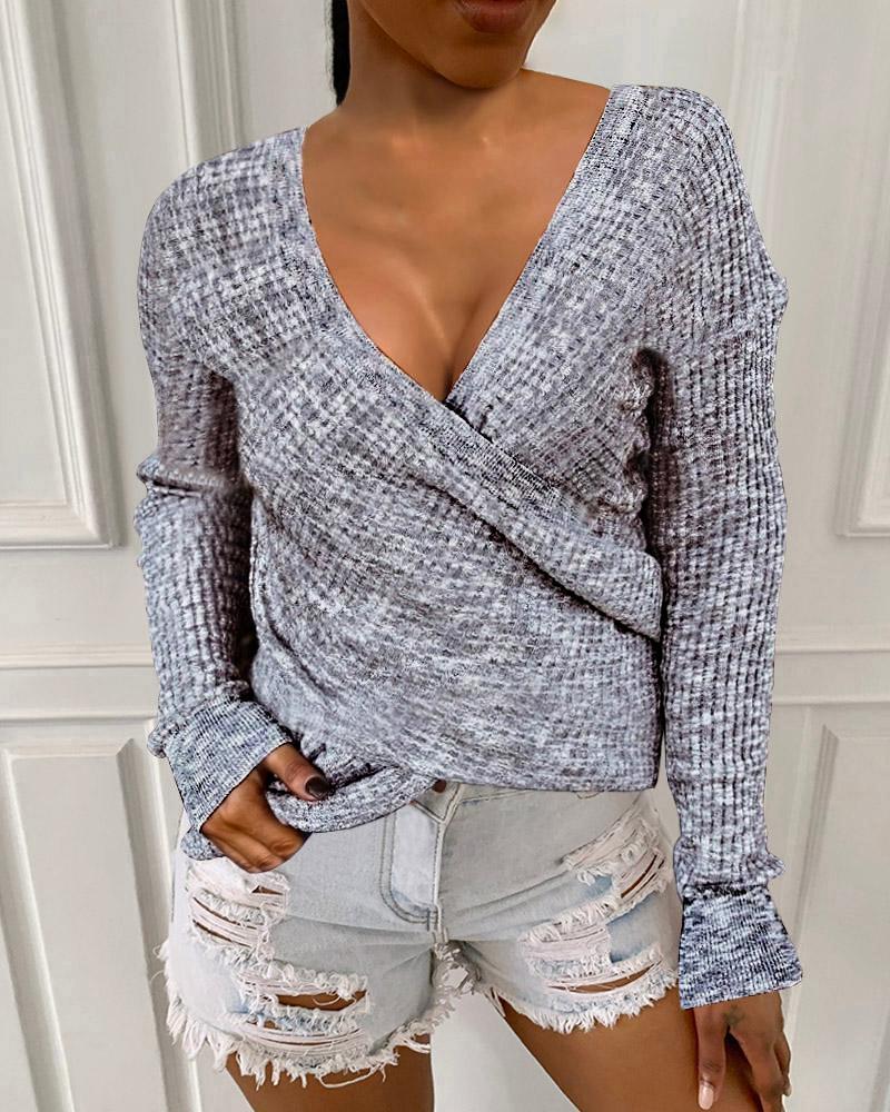 long sleeve ribbed surplice casual sweater