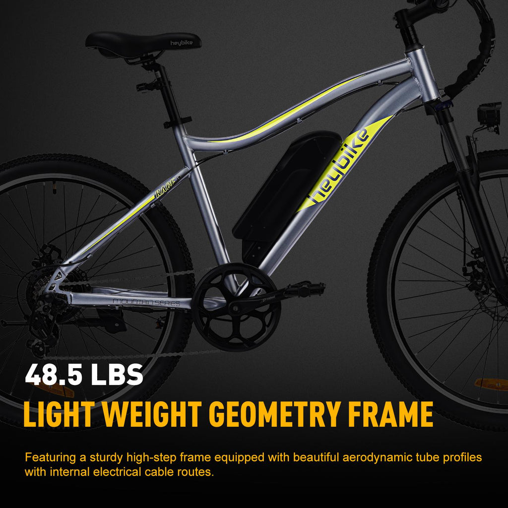 Heybike Race Electric Bike Light Weight 26" Commuter Electric Mountain Bike with 40 Miles Long Range, 350W Brushless Motor,  7-Speed and Front Fork Suspension, Urban Electric Bicycle for Adults