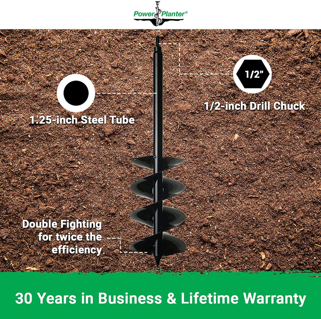power planter auger drill bit extension (7" x 28") with 1/2" non-slip hex drive — garden auger for planting gallon potted plants and post holes — auger digging tool for dirt, clay, soil and sand