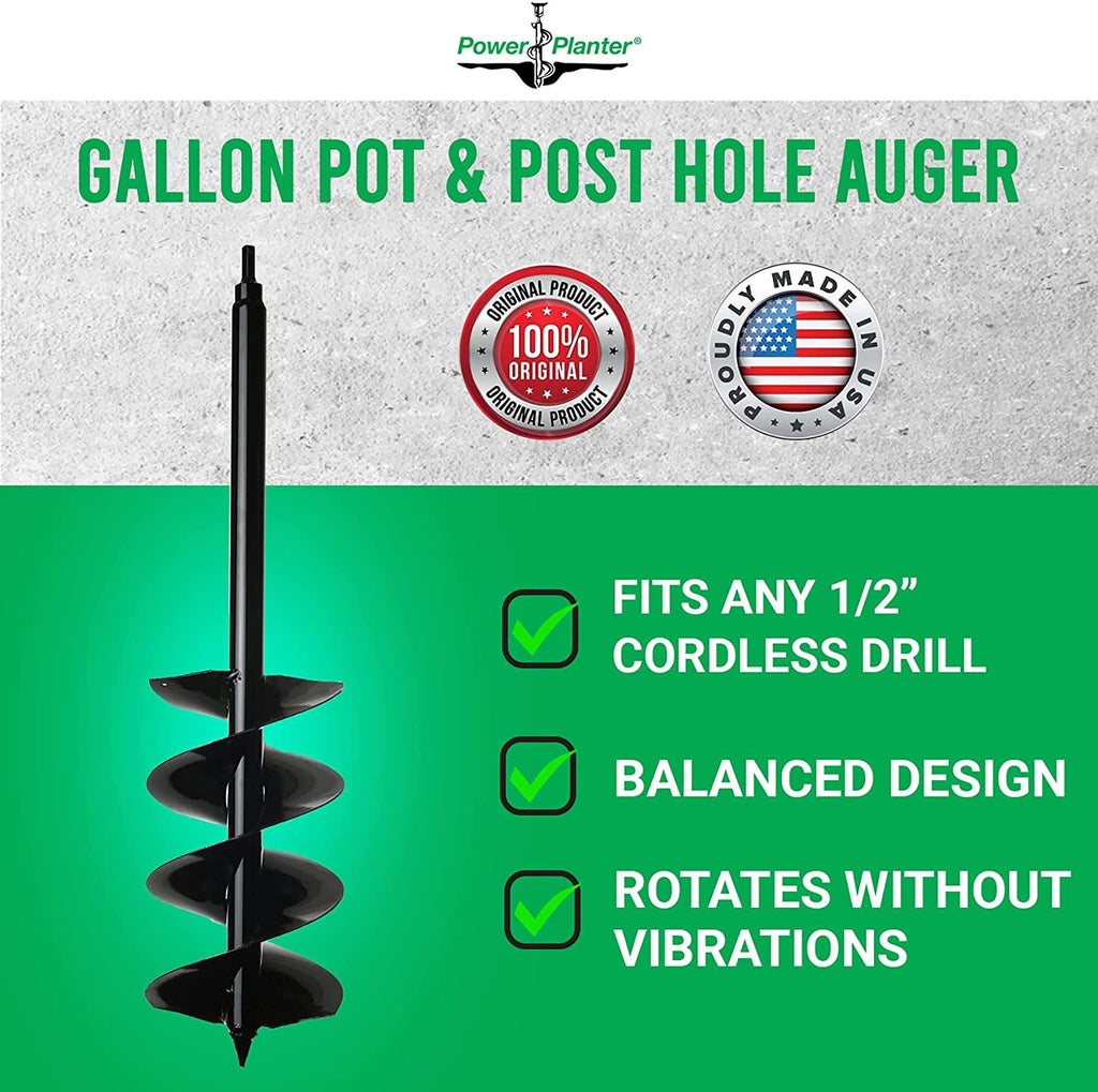 power planter auger drill bit extension (7" x 28") with 1/2" non-slip hex drive — garden auger for planting gallon potted plants and post holes — auger digging tool for dirt, clay, soil and sand