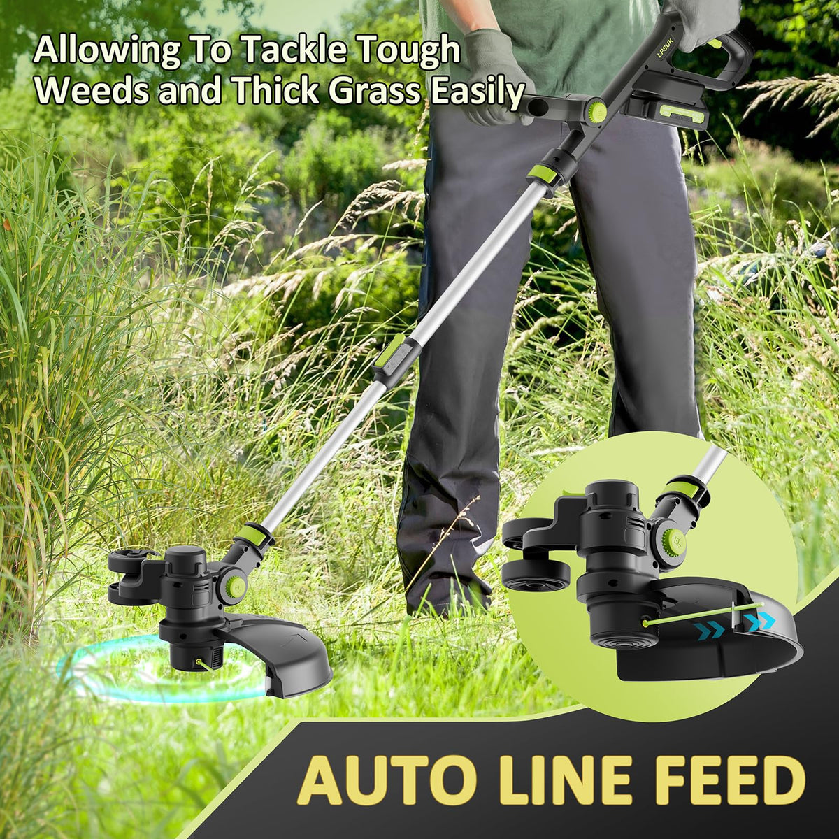 20V Cordless String Trimmer, 2.0Ah Battery Powered with Fast Charger, 12'' Grass Cutter with Auto Line Feed, 3-in-1 Electric Lawn Mower Grass Trimmer &amp; Edger Lawn Tool with 8 Lines for Yard, Garden