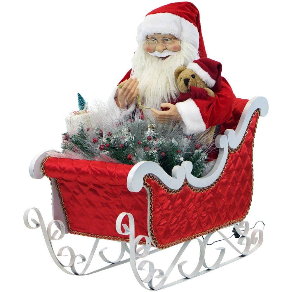 28 in. Christmas Santa Claus in Sleigh with Teddy Bear, Toy Sack and Music