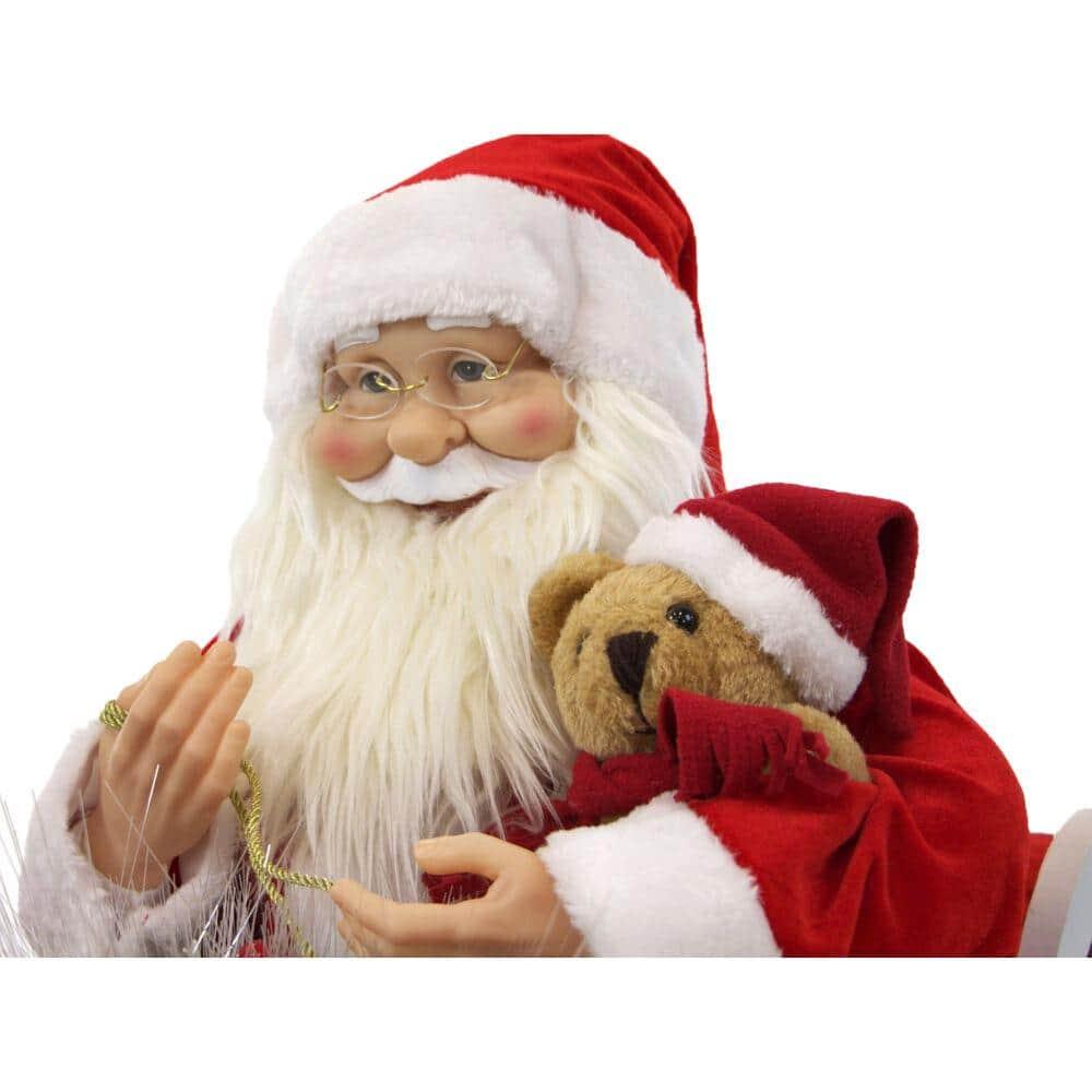 28 in. Christmas Santa Claus in Sleigh with Teddy Bear, Toy Sack and Music