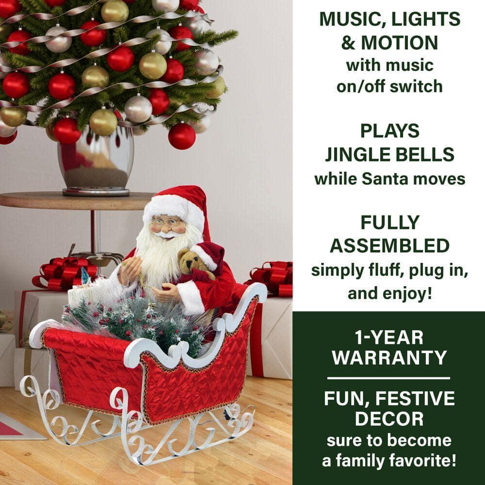 28 in. Christmas Santa Claus in Sleigh with Teddy Bear, Toy Sack and Music