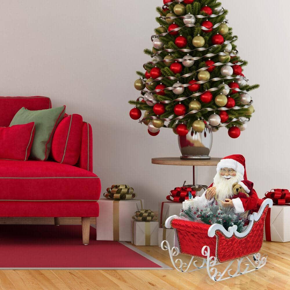 28 in. Christmas Santa Claus in Sleigh with Teddy Bear, Toy Sack and Music