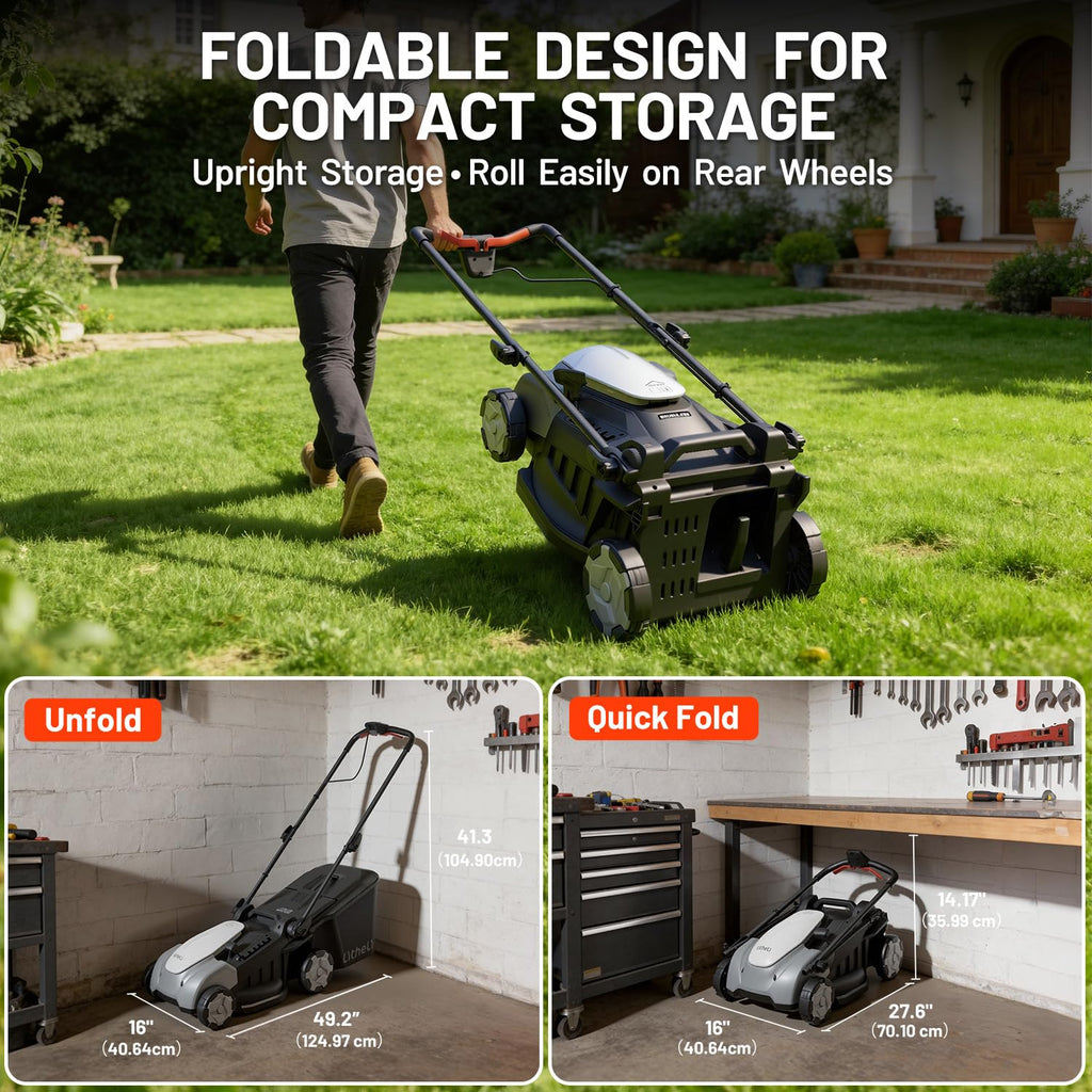 40V Cordless Lawn Mower 16 Inch, 2x20V Electric Push Mower, Brushless Motor, 6 Position Cutting Heights 25 75mm, 50L LarGrass Catcher, Mulching Capable, 2x5.0Ah Batteries and Charger