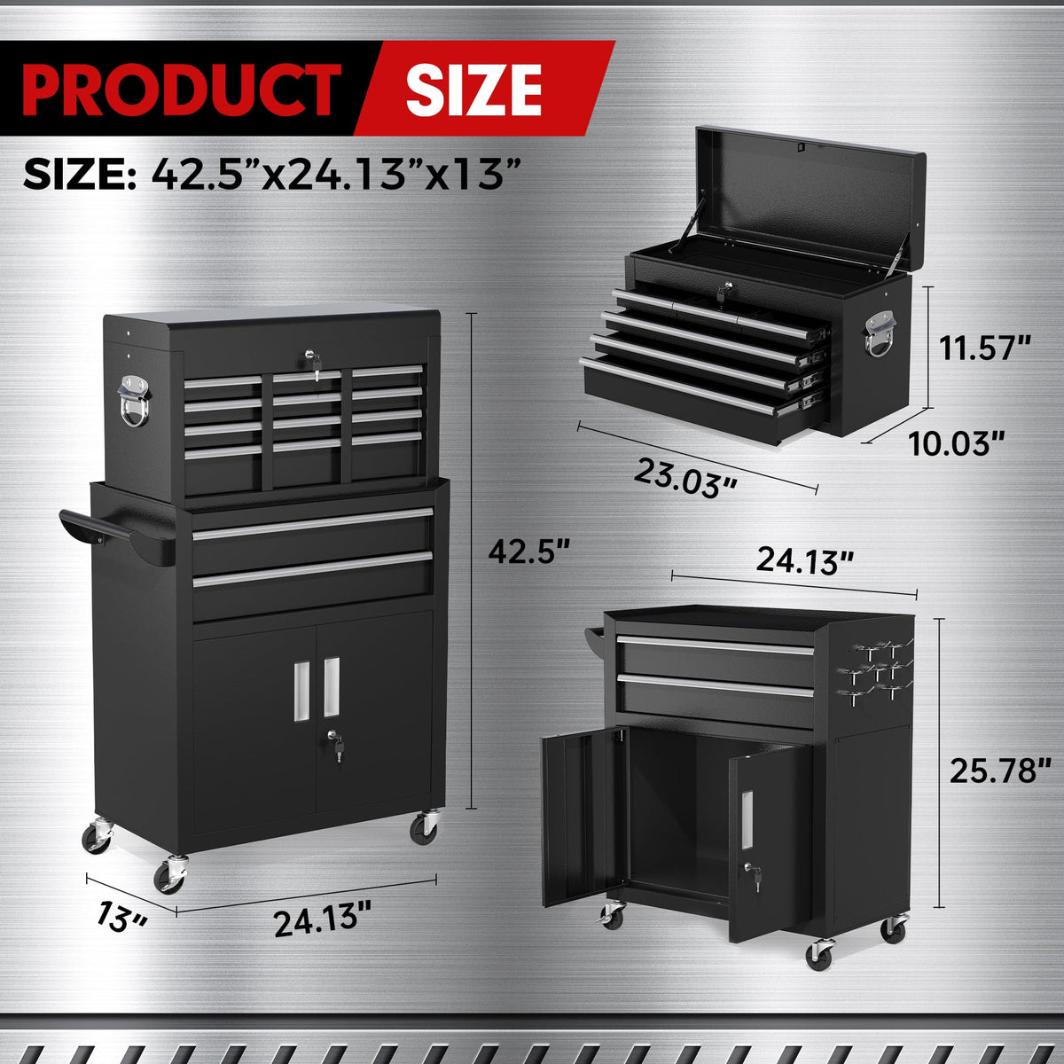 8-Drawers Rolling Tool Chest, Assembled Tool Chest with Wheels, Detachable Top Tool Box, Tool Cabinet for Repair Room,Warehouse, Rolling Tool Box with Hooks,Tray Divider,Liners(Black)