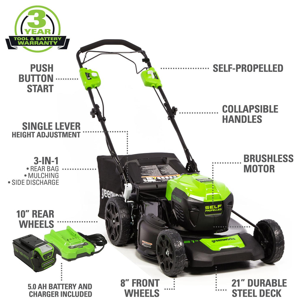 Greenworks 40V 21 In. Cordless Brushless Self-Propelled Lawn Mower with 5.0 Ah B