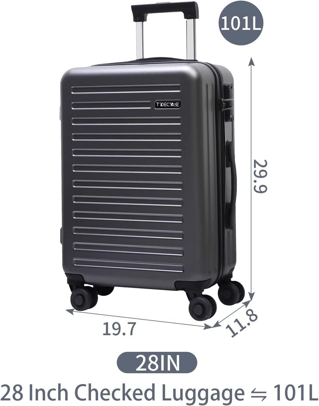 28 Inch Checked Luggage, Lightweight ABS+PC Hardshell Suitcase with TSA Lock &amp; Spinner Silent Wheels, Large Size with 101L Capacity, Convenient for Trips, Gray