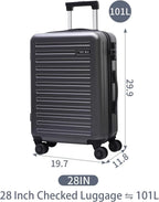 28 Inch Checked Luggage, Lightweight ABS+PC Hardshell Suitcase with TSA Lock &amp; Spinner Silent Wheels, Large Size with 101L Capacity, Convenient for Trips, Gray
