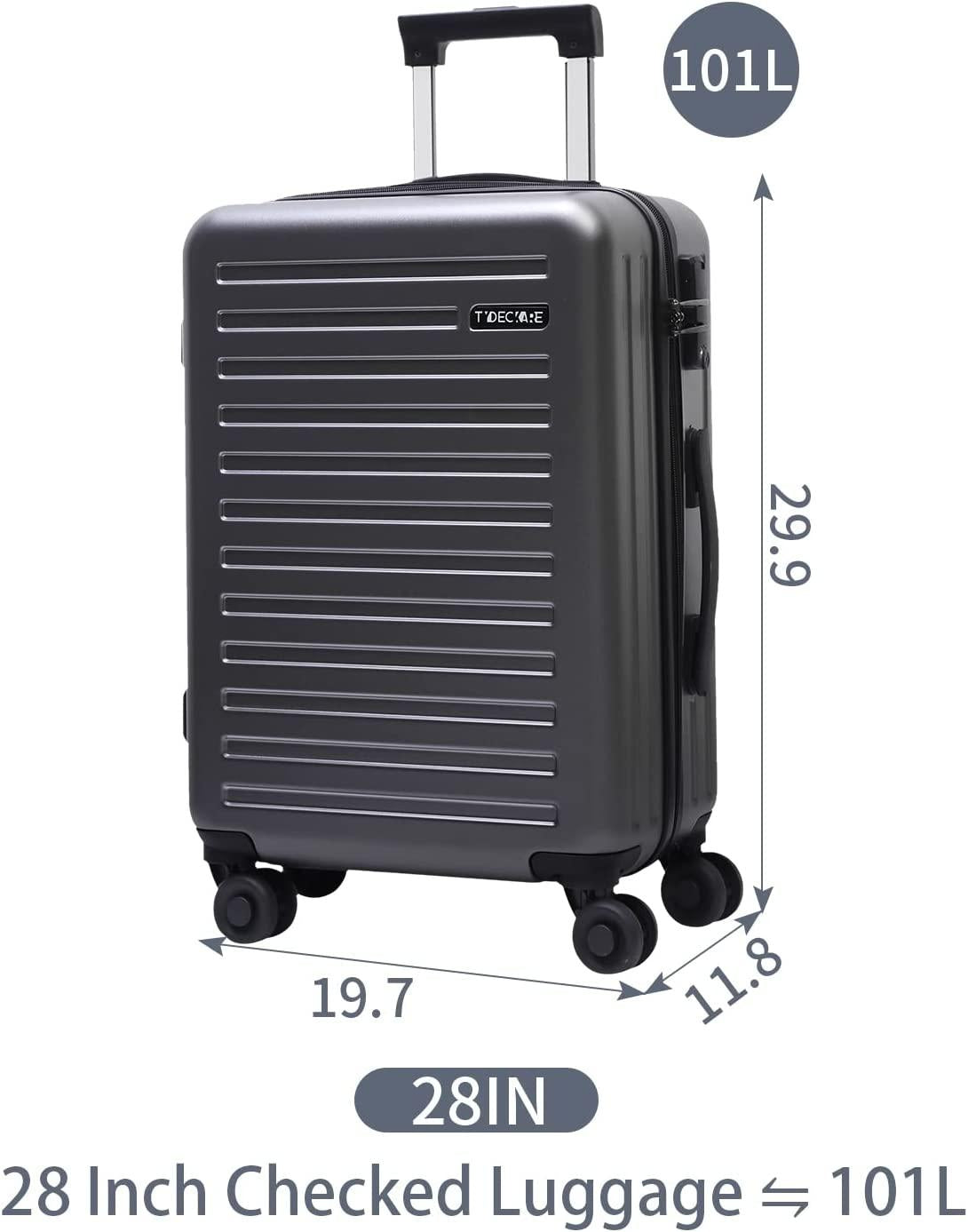 28 Inch Checked Luggage, Lightweight ABS+PC Hardshell Suitcase with TSA Lock &amp; Spinner Silent Wheels, Large Size with 101L Capacity, Convenient for Trips, Gray
