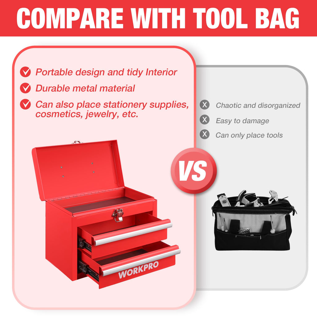 Portable Mini Metal Tool Box with 2 Drawers | Metal Tool Chest, Ball Bearing Slides, Top Storage, Latch Handle, PVC Drawer Liners, PP Feet Pads