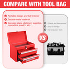 Portable Mini Metal Tool Box with 2 Drawers | Metal Tool Chest, Ball Bearing Slides, Top Storage, Latch Handle, PVC Drawer Liners, PP Feet Pads