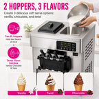 Commercial Ice Cream Machine, 20-28L/H Yield, 2200W 3-Flavor Countertop Soft Serve Ice Cream Maker  Steel, 2 x 6L Hoppers with LED Panel Auto Clean for Restaurants Cafes Snack Bars