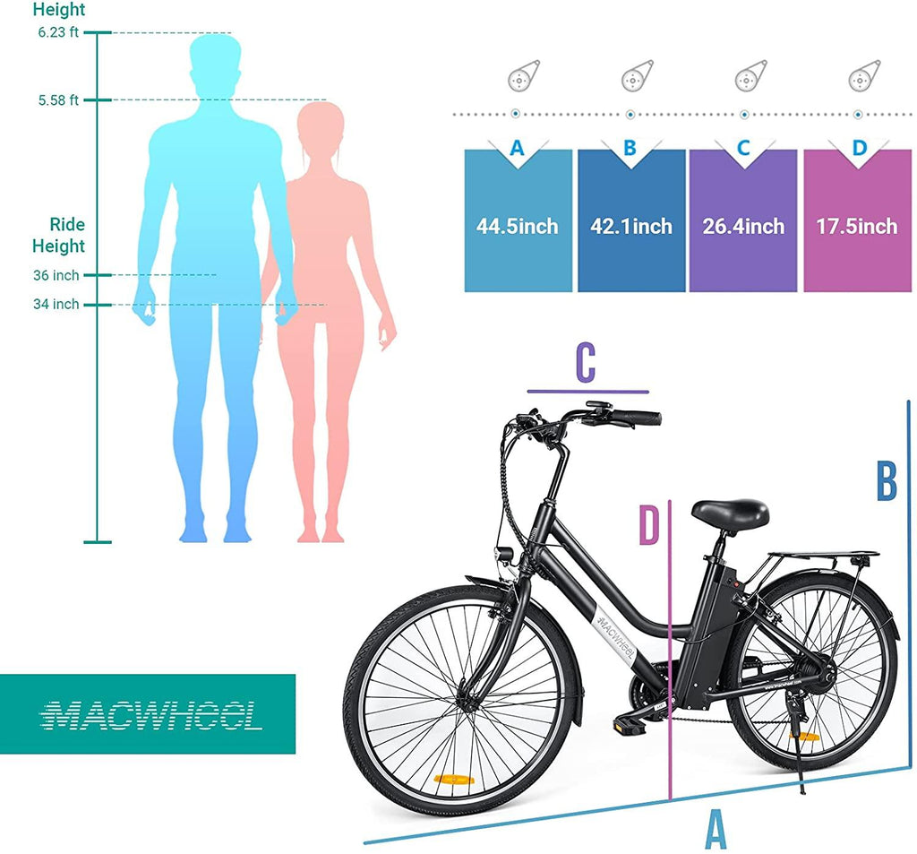 Macwheel 26" Electric Bike, Removable 36V/10Ah Lithium-ion Battery, Max Speed 15.5MPH,  6/7-Speed Gear Electric Commuter Bike with Throttle &amp; Pedal Assist