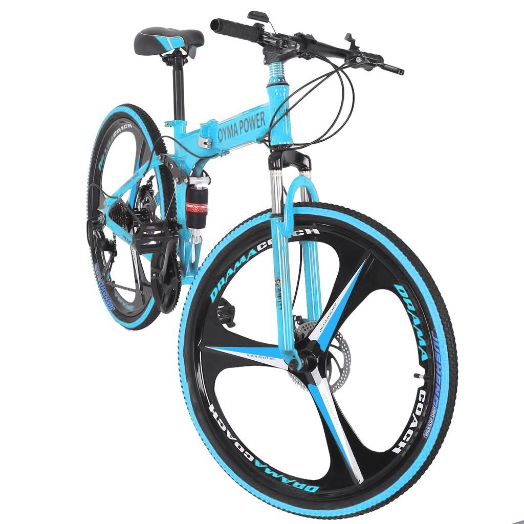 UMfun Mountain Adult Bike 26" Foldable 21 Speed Bicycle with Double Disc Brake High Carbon Steel Full Suspension Outroad Bike for Women Blue