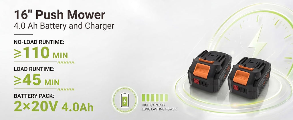 Cordless Lawn Mower, 17-Inch Battery Powered Electric Push Mower, 2-in-1 Mulching &amp; Bagging, 6 Cutting Heights, 40L Grass Bag, Lightweight Walk-Behind Mower for Small to Medium Yards, Orange