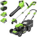 40V 21" Self-Propelled Lawn Mower,Axial Leaf Blower(500 CFM / 120 MPH),13" String Trimmer with 2 Batteries(5Ah+2Ah) &amp; Chargers