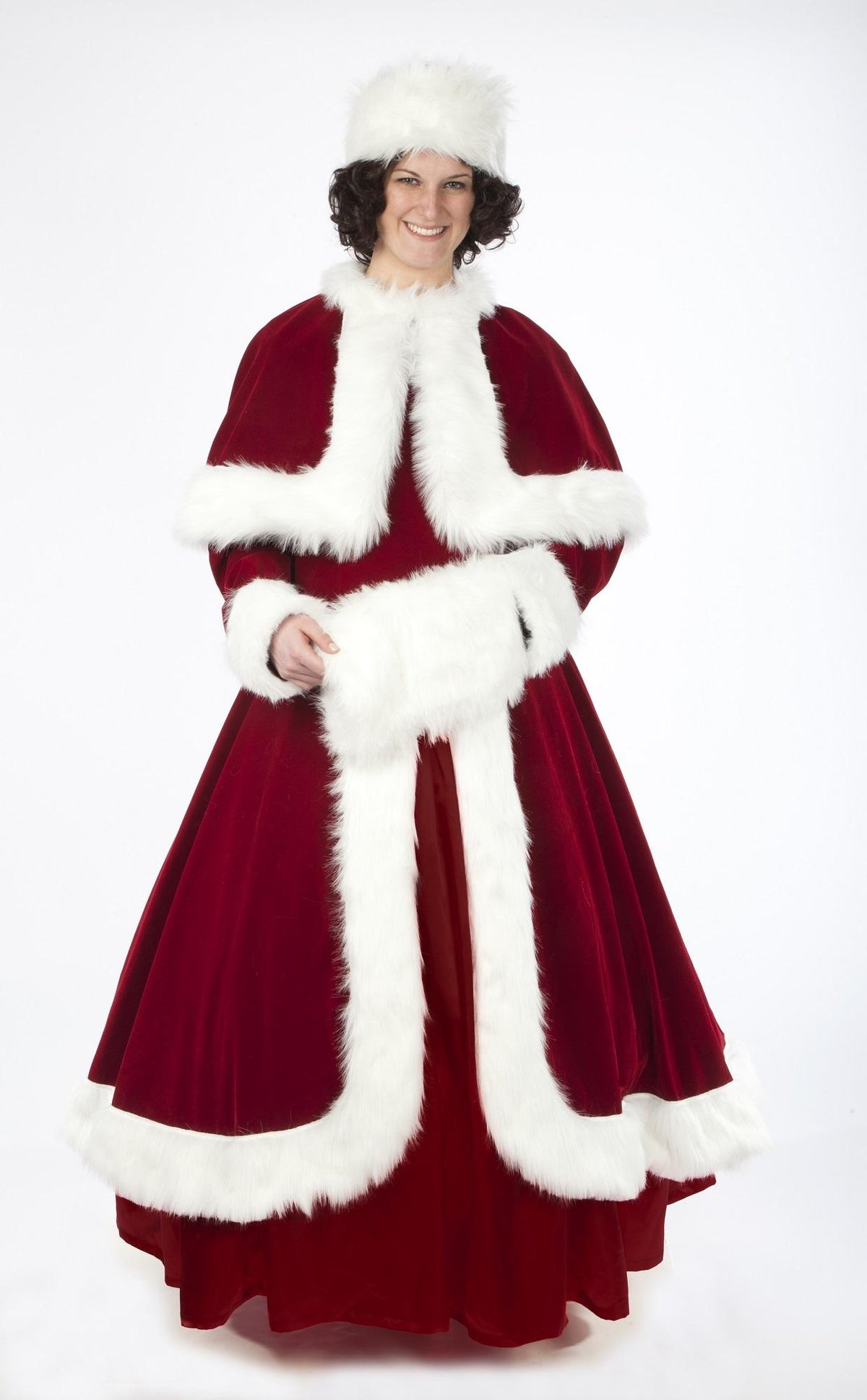 6-Piece Burgundy and White Elegant Velvet Mrs. Claus Costume - Adult Size Large