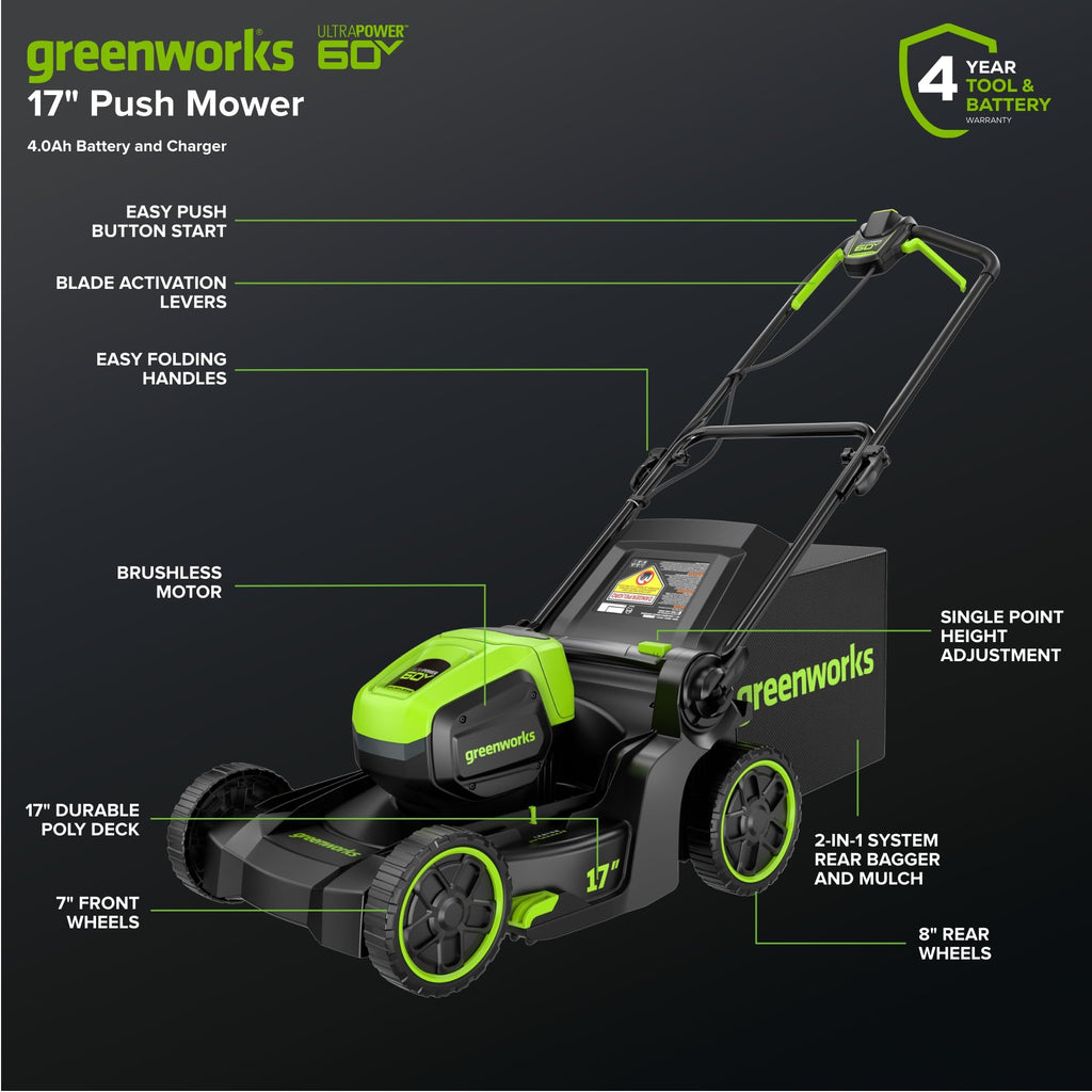 60V 17" Brushless Cordless Push Lawn Mower, 2-in-1 Mulching/Bagging, 4.0Ah Battery and 3A Charger(40min Runtime)