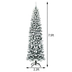Gymax 7.5ft Pre-lit Pencil Snow Flocked Pencil Christmas Tree Holiday Decoration